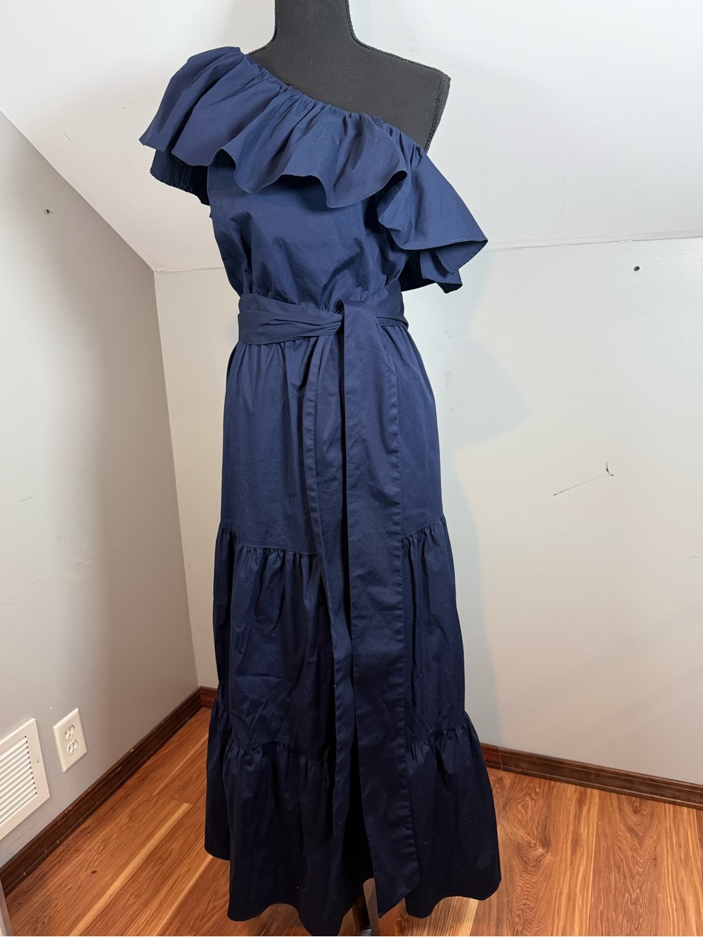 City Chic One-Shoulder Ruffle Maxi Dress in Navy with Pockets